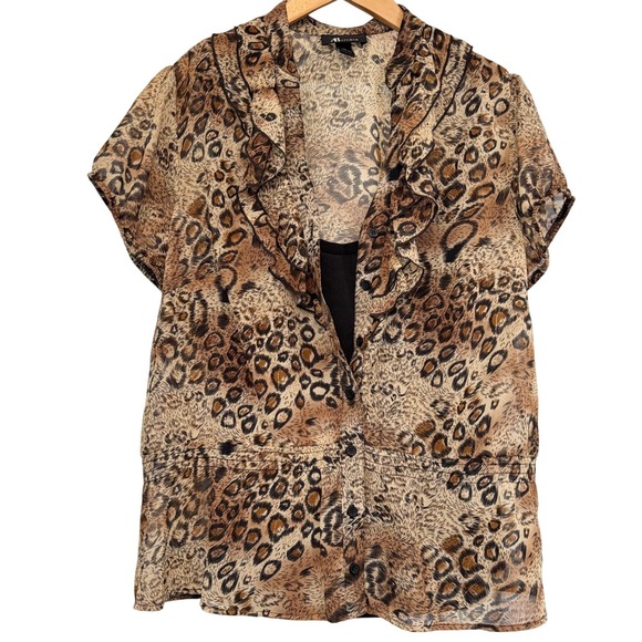 AB Studio Tops - Y2K AB Studio Womens XL Leopard Print Ruffle V-Neck Blouse Metallic Gold Accents